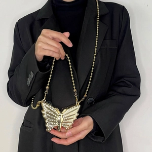 Elegant gold butterfly evening bag with rhinestones and metal bead chain crossbody