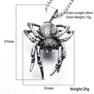 Punk style stainless steel spider pendant necklace with vintage silver finish and chain