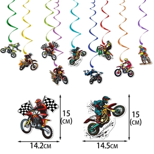 Detailed size chart for motocross party hanging swirls and racing silhouette decorations