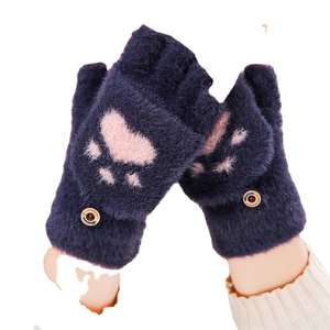 Winter thermal navy plush half-finger gloves with pink cat paw pattern and button flap