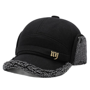 Winter wool baseball cap for men with fleece ear flaps and golden metal NY logo detail