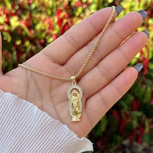 18K gold plated necklace with Virgin Mary pendant featuring sparkling zircon crystals