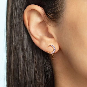 Elegant gold crescent moon earrings with purple zircon stones and delicate tassel chains