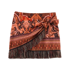 Women Mini Skirt Bohemian Paisley Print Polyester Tassel Fringe Side Tie Wrap Bodycon Holiday Style