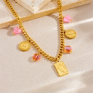 Vintage gold necklace set with pink heart beads and Elizabeth II portrait charms