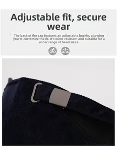 Detail of adjustable metal buckle on dark blue winter baseball cap with fabric texture