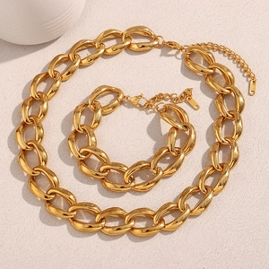 Minimalist Stainless Steel 18K Gold Plated Curb Chain Jewelry Set For Women Handmade Geometric Chunky Link Necklace Bracelet Accessories