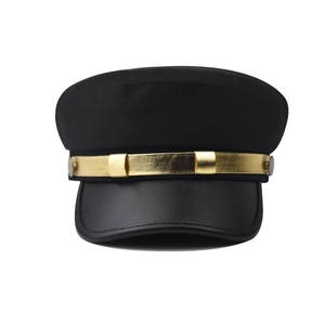 Casquette militaire en cuir PU noir avec bordure dorée et visière structurée
