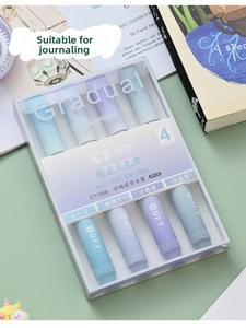 Close-up of four Morandi gradient highlighters in soft blue and purple tones on a desk
