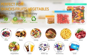Reusable food-grade PEVA storage bags showing diverse sizes for fruits and snacks