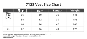 Size chart for yoga tank top showing bust, hem and length measurements for S to XL