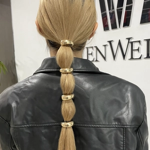 Minimalist gold metal geometric hair cuffs set for ponytail styling on long hair