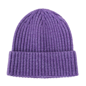 Detailed view of purple ribbed knit texture on soft winter beanie hat for infants