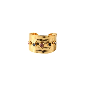 Hammered 18K gold plated wide ring with colorful zircon stones on a white background