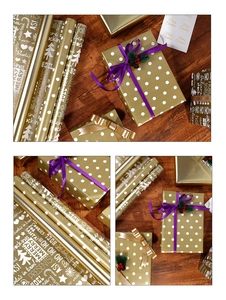Detail of champagne gold Christmas wrapping paper with white polka dots on wood background