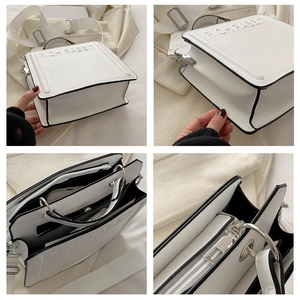 Detailed views of white tote bag showing interior compartments and logo engraving