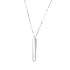 Detailed view of polished silver stainless steel cylindrical pendant with smooth finish