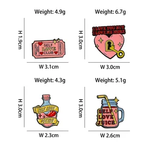 Inspirational enamel lapel pins set including self love heart and potion bottle designs