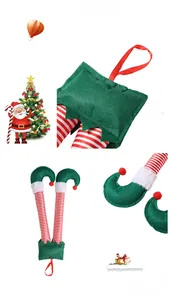 Detail of Christmas elf legs pendant with red white stripes and green felt fabric