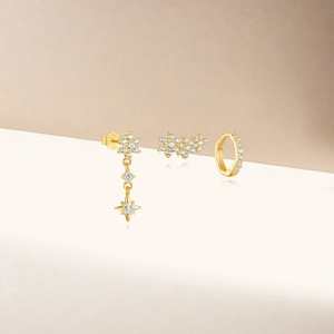 Close-up of S925 sterling silver earrings set with gold plating and cubic zirconia stars