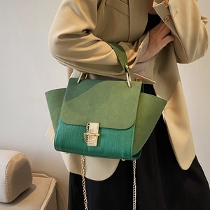 Women Splicing Suede And Croco Embossed PU Leather Handbag With Metal Lock And Chain Strap Retro Wing Shoulder Bag
