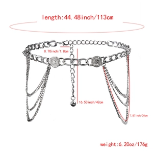 Silver multi-layer metal chain belt with charms and sizing details on white background