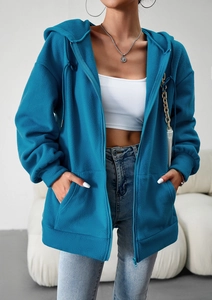 Detail of teal fleece hoodie zip-up jacket with drawstring and hand pockets