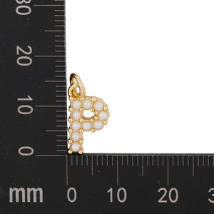 Detailed view of gold P-letter pendant with pearls showing 18mm height measurement