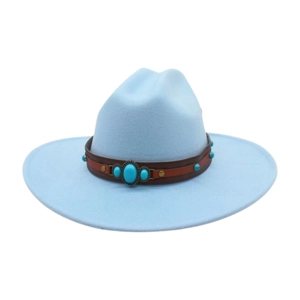 Detail of light blue felt hat featuring a brown leather band and turquoise gemstones
