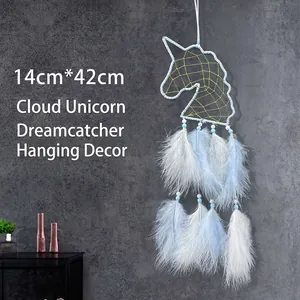 Unicorn dream catcher with blue white feathers for wall decor, size 14cm x 42cm
