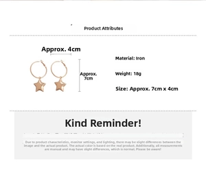 Detailed spec sheet showing rose gold star hoop earrings with dimensions and weight