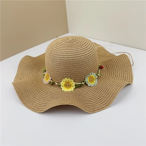 Chapeau De Paille À Bord Ondulé Broderie Tournesol Protection Solaire Été Plage Respirant Floral Vacances Voyage Femmes Filles