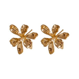 Elegant gold metal flower stud earrings with a vintage textured finish for women