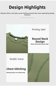 Détails du t-shirt de sport vert olive avec col rond et coutures renforcées sur le torse