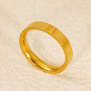 Detailed 45-degree angle view of a wide gold minimalist polished band ring