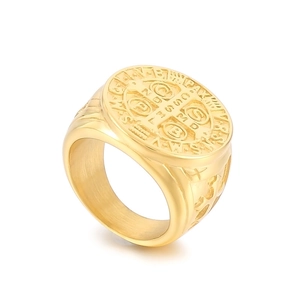 Vintage golden Saint Benedict Medal ring in stainless steel with detailed religious relief