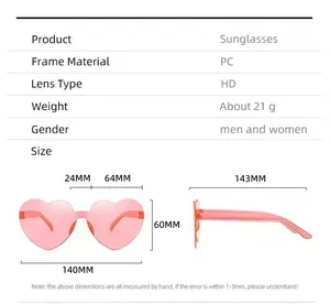 Detailed sizing chart for pink heart shaped sunglasses showing dimensions and PC frame specs