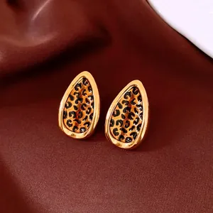 Retro 24k gold plated leaf-shaped drop earrings with leopard print patterns
