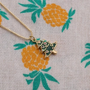 Gold plated Christmas tree pendant necklace with green enamel and colorful gems