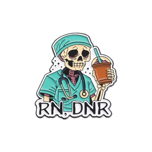 Skeleton nurse enamel pin with RN DNR text, medical Halloween style metal brooch