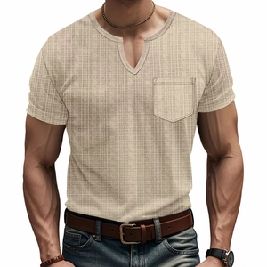Detailed view of men's V-neck T-shirt showing textured waffle knit fabric and chest pocket