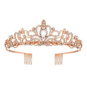Rose gold crystal tiara with sparkling rhinestones and side combs for bridal hair styling