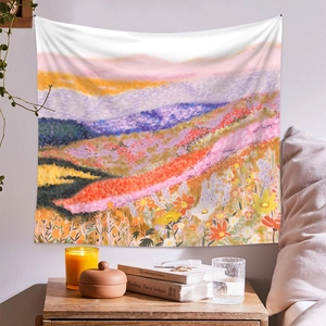 Colorful oil painting style mountain landscape tapestry for cozy bedroom wall decoration