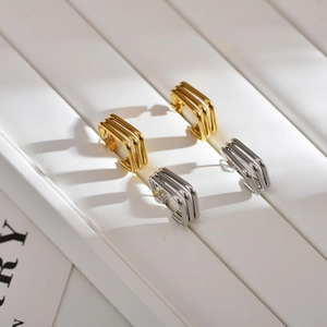 Chic 18K gold and silver plated triple row square hoop earrings for women in stainless steel