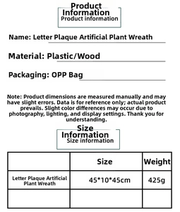Detailed dimensions table showing size 45x10x45cm for the eucalyptus letter plate wreath
