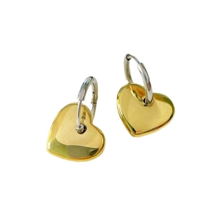 Minimalist heart pendant earrings in two-tone gold and silver stainless steel