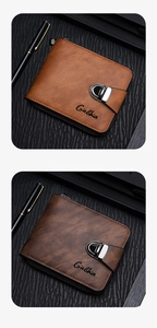 Detailed close-up of brown leather men's wallets with metal buckle and logo branding