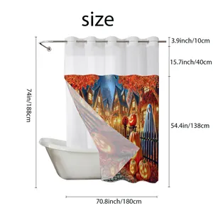 Halloween waffle shower curtain size chart with pumpkin pattern and 70.8x74 inch dimensions