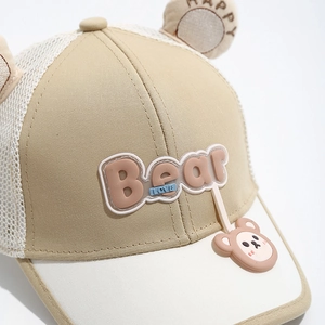 Toddler baseball cap with bear ears and mesh paneling in light brown and white