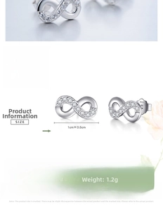 Detail view of S925 sterling silver infinity earrings showing 1.0cm x 0.6cm dimensions